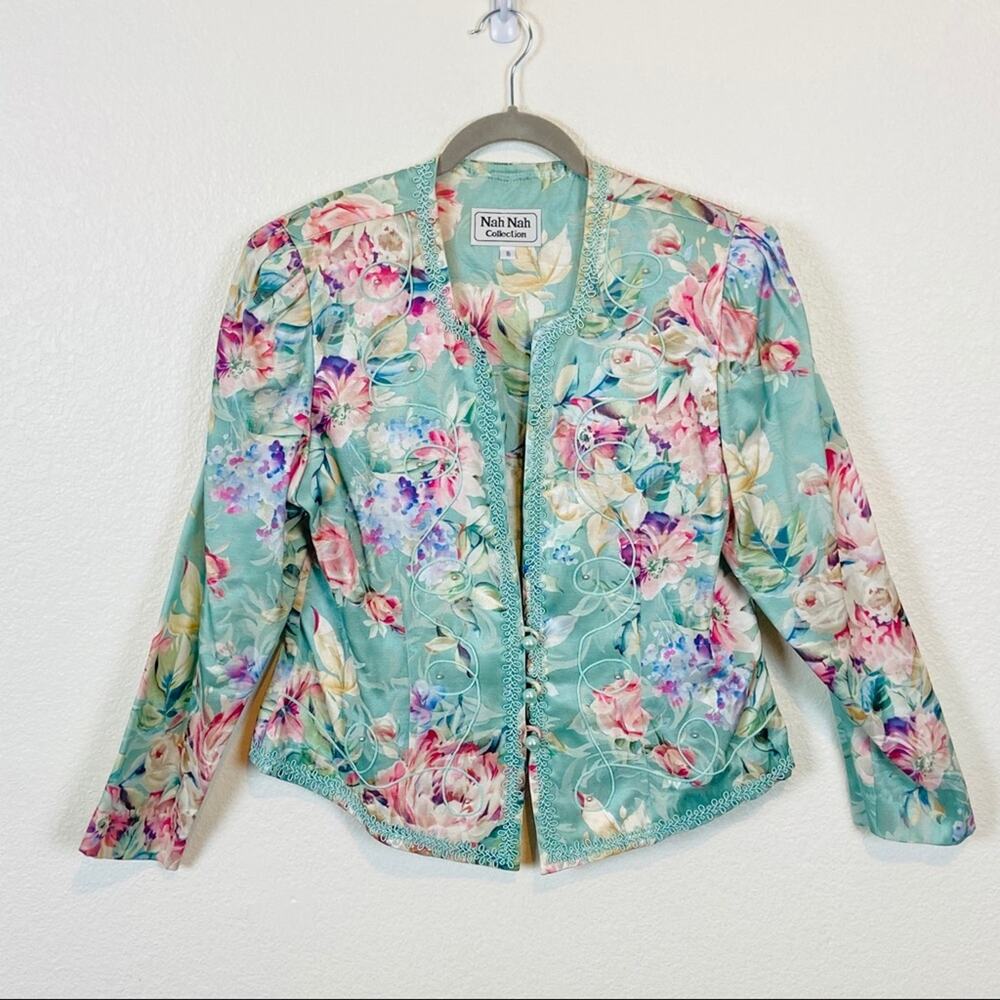 Satin Jacket 80s Floral Victorian Chic Padded Shoulders Retro Church Lady SZ 16